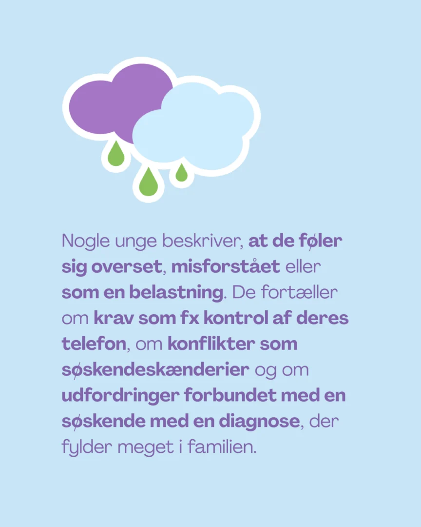 Nogle unge beskriver, at de føler sig overset, misforstået eller som en belastning. De fortæller om krav som fx kontrol af deres telefon, om konflikter som søskendeskænderier og om udfordringer forbundet med en søskende med en diagnose, der fylder meget i familien.