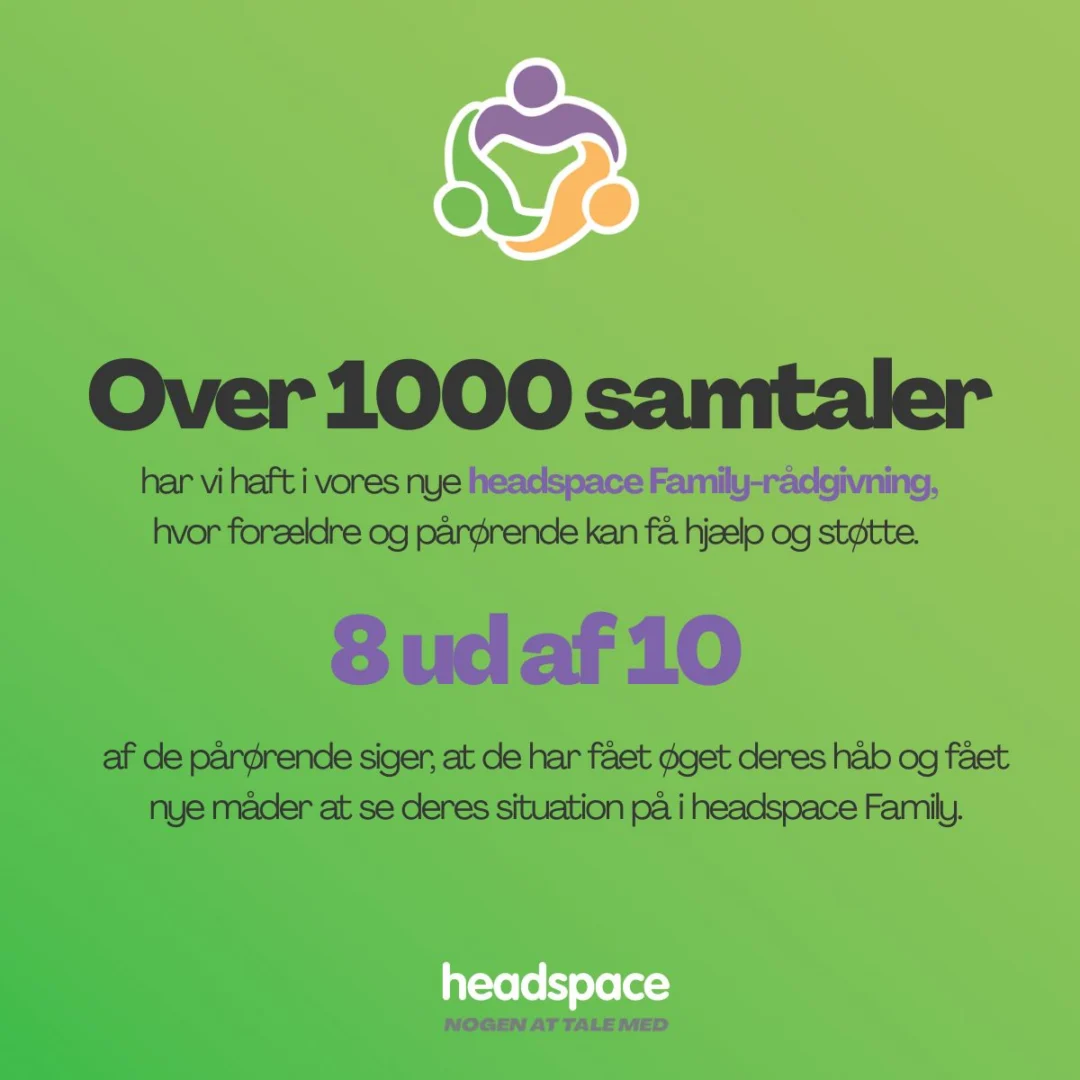 over 1000 samtaler har vi haft i vores nye headspace Family-rådgivning, hvor forældre og pårørende kan få hjælp og støtte. 8 ud af 10 af de pårørende siger, at de har fået øget deres håb og fået nye måder at se deres situation på i headspace Family.